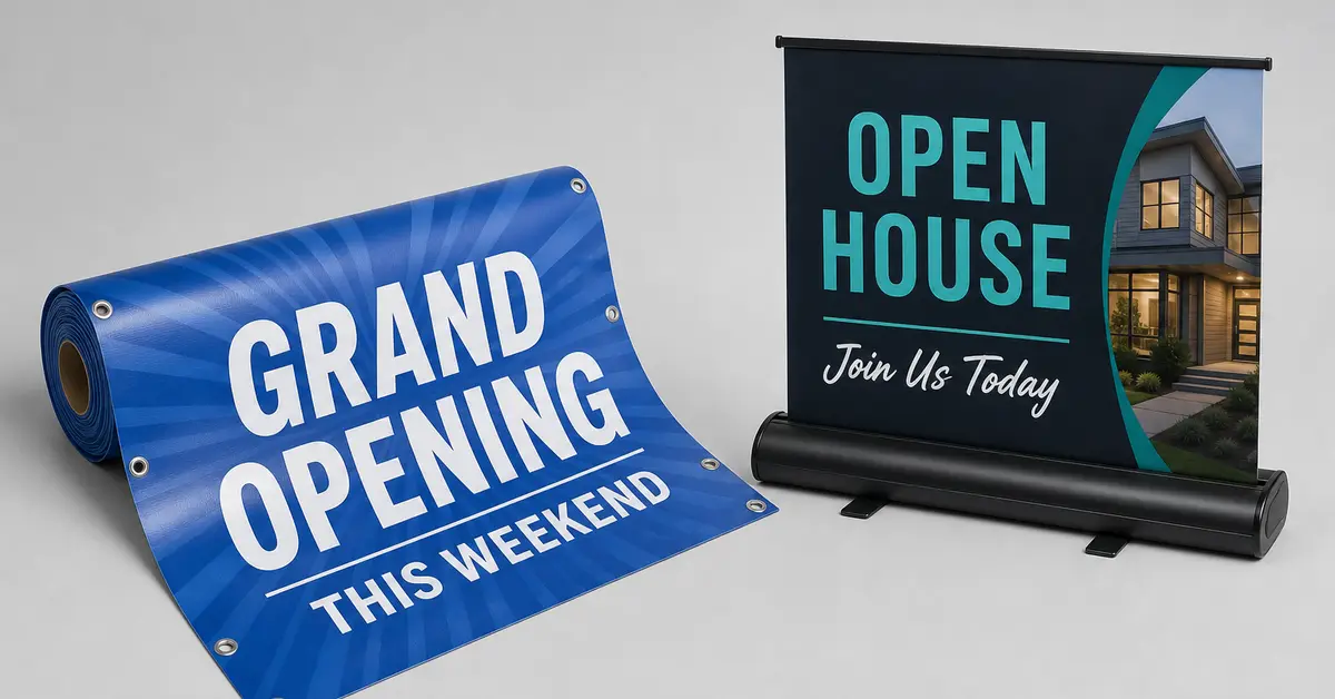 Vinyl event banner reading Grand Opening beside a pull-up cassette showing Open House text