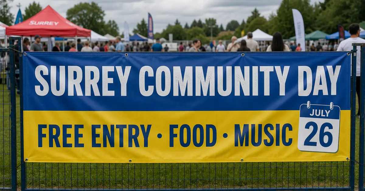 Outdoor fence vinyl banner with Surrey Community Day and Free Entry Food Music text