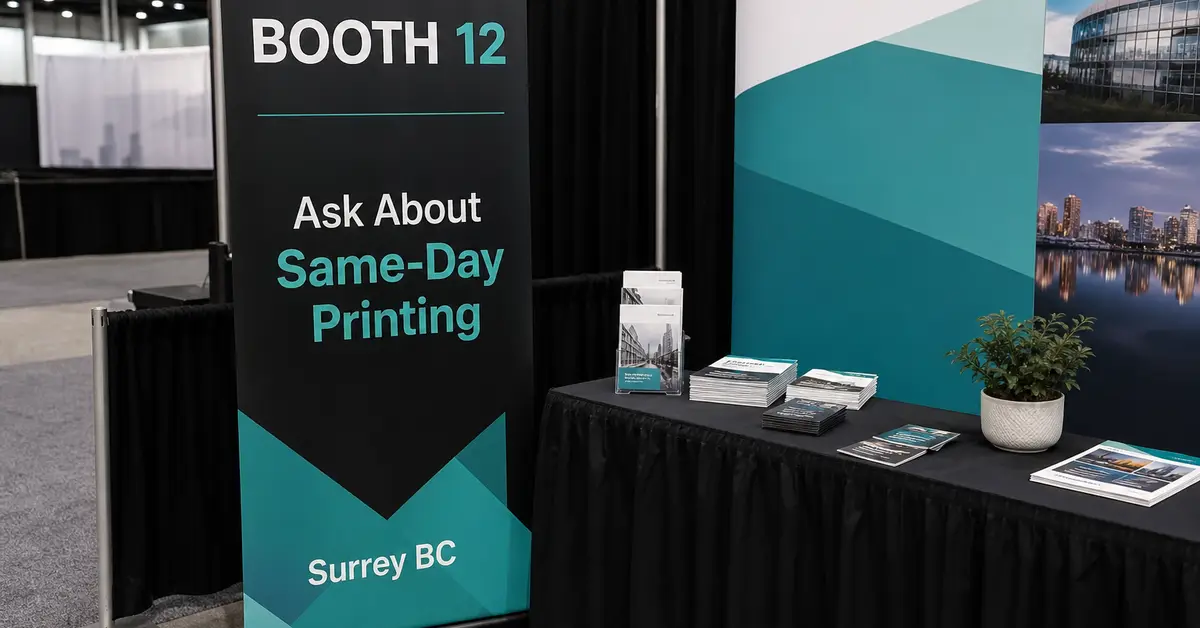 Indoor pull-up banner with Booth 12 and Ask About Same-Day Printing text
