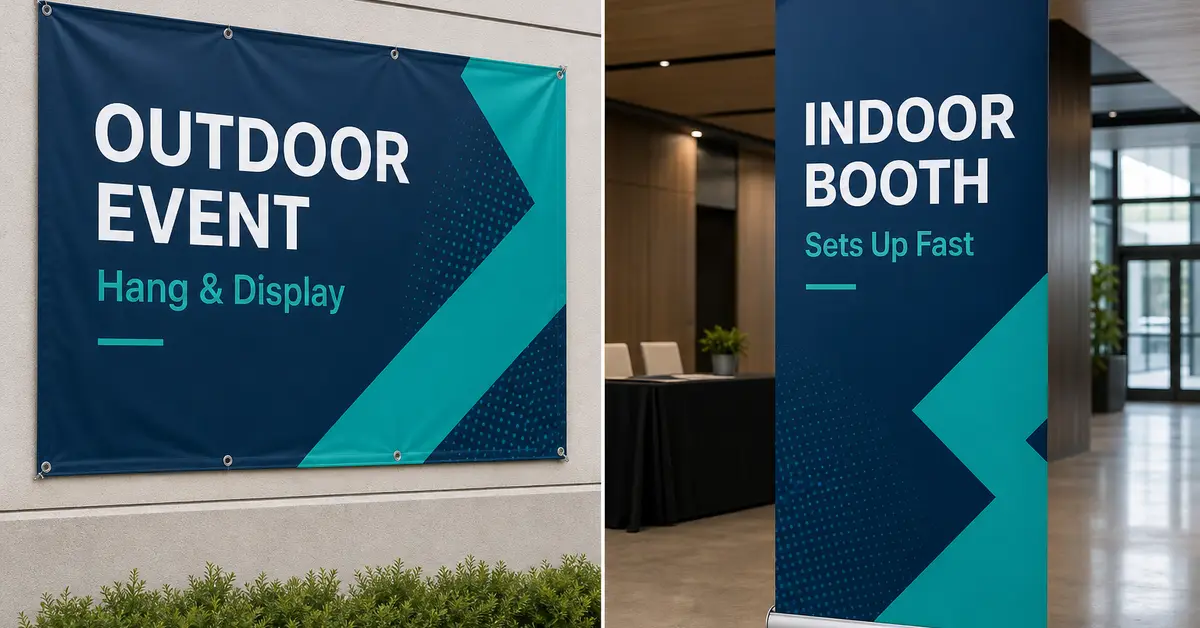 Comparison of Outdoor Event hung banner and Indoor Booth pull-up with readable headlines