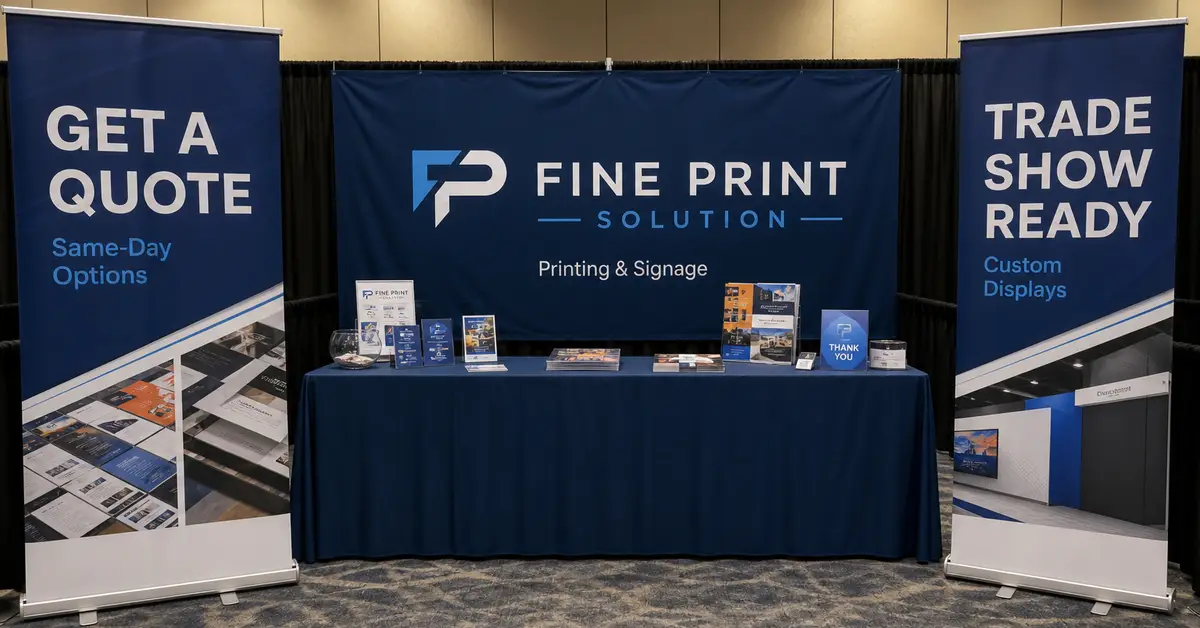 Booth with Fine Print Solution backdrop plus Get a Quote and Trade Show Ready pull-ups
