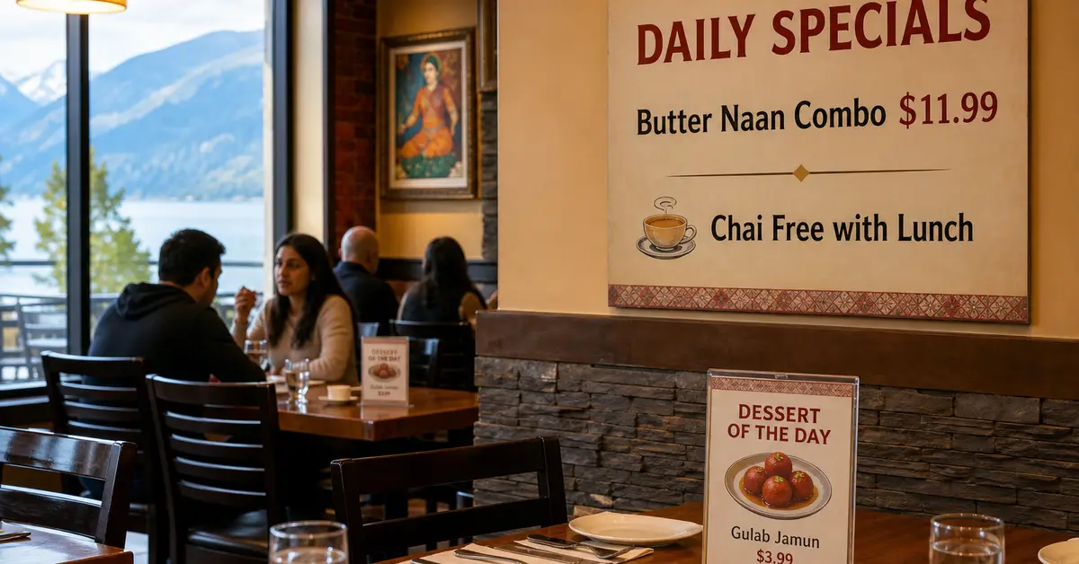 Restaurant specials board reading Daily Specials with Butter Naan Combo and table cards for Gulab Jamun
