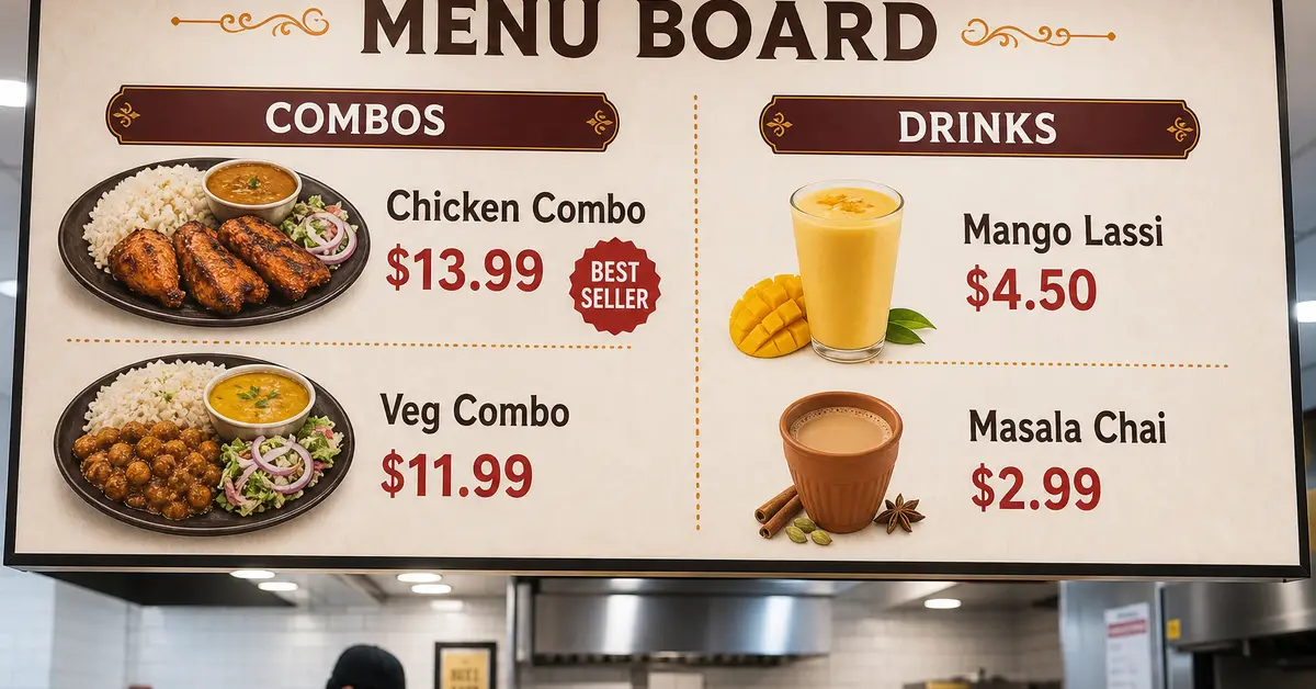 Counter menu board with Combos and Drinks prices including Butter Chicken Combo and Mango Lassi