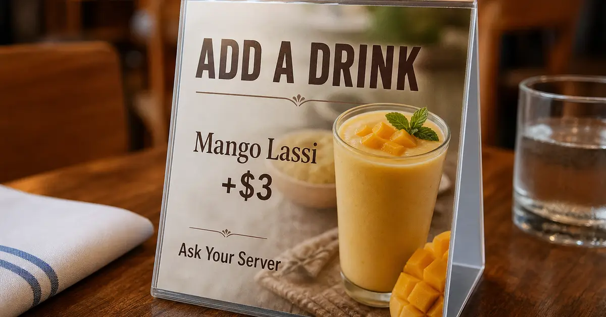 Laminated table tent reading Add a Drink and Mango Lassi +$3 on a café table