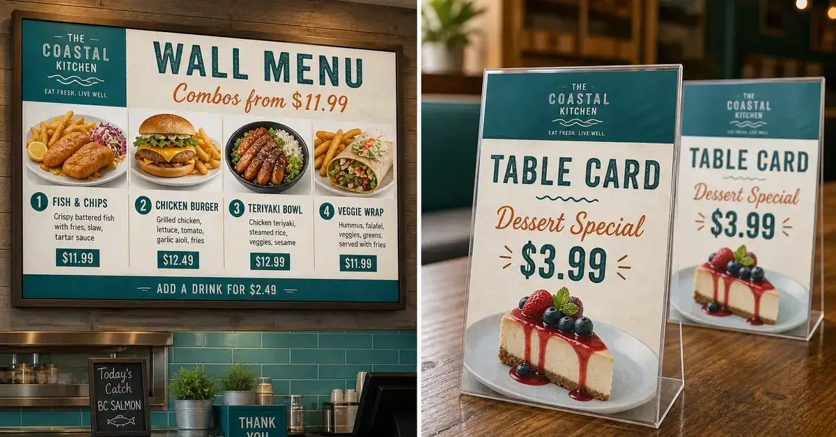 Side-by-side Wall Menu board and Table Card dessert special with readable prices