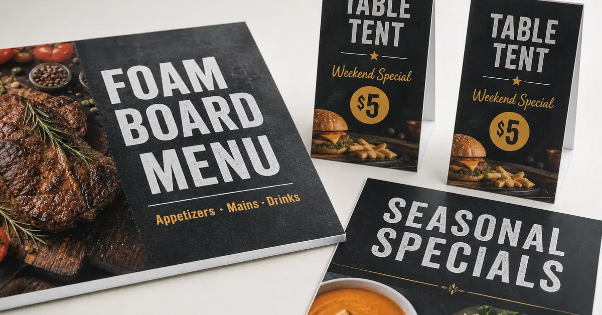 Foam board menu and laminated table tents labeled Foam Board Menu and Weekend Special