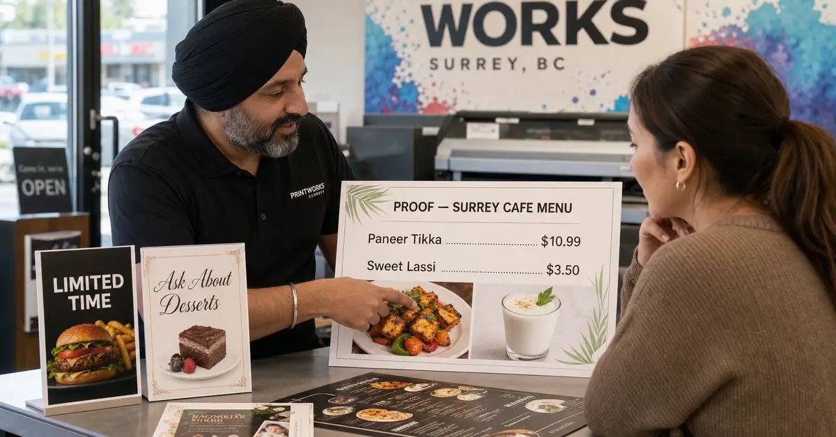 Print shop proof reading Surrey Cafe Menu with Paneer Tikka and Limited Time table cards