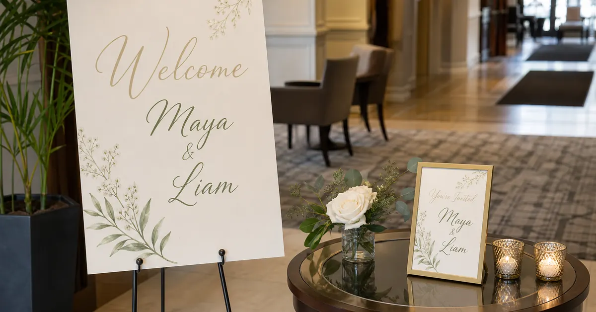 Cream invitation beside a foam-board welcome sign sharing the same script names and soft gold accent