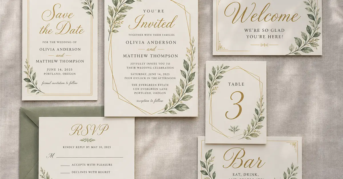 Save-the-date, invitation, and RSVP cards laid next to a welcome board and table number