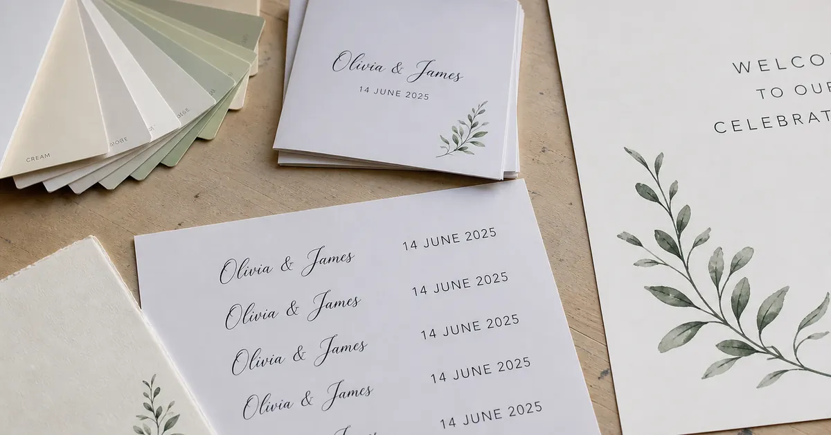 Print counter with colour swatches, two font samples, and a small floral motif on card and sign corners