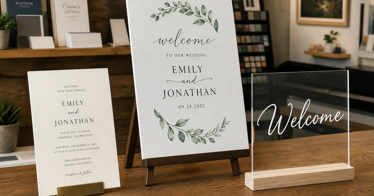 Samples of thick invitation stock, foam-board welcome sign, and clear acrylic sign on a shop table