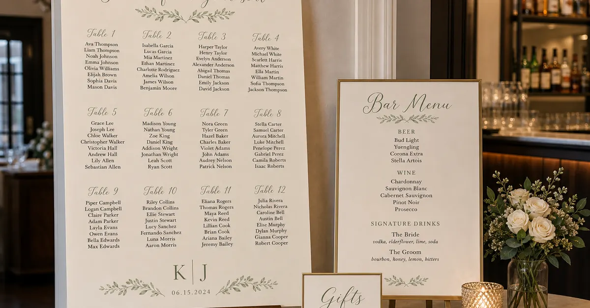 Seating chart, bar menu board, and gifts table sign in matching cream and sage tones