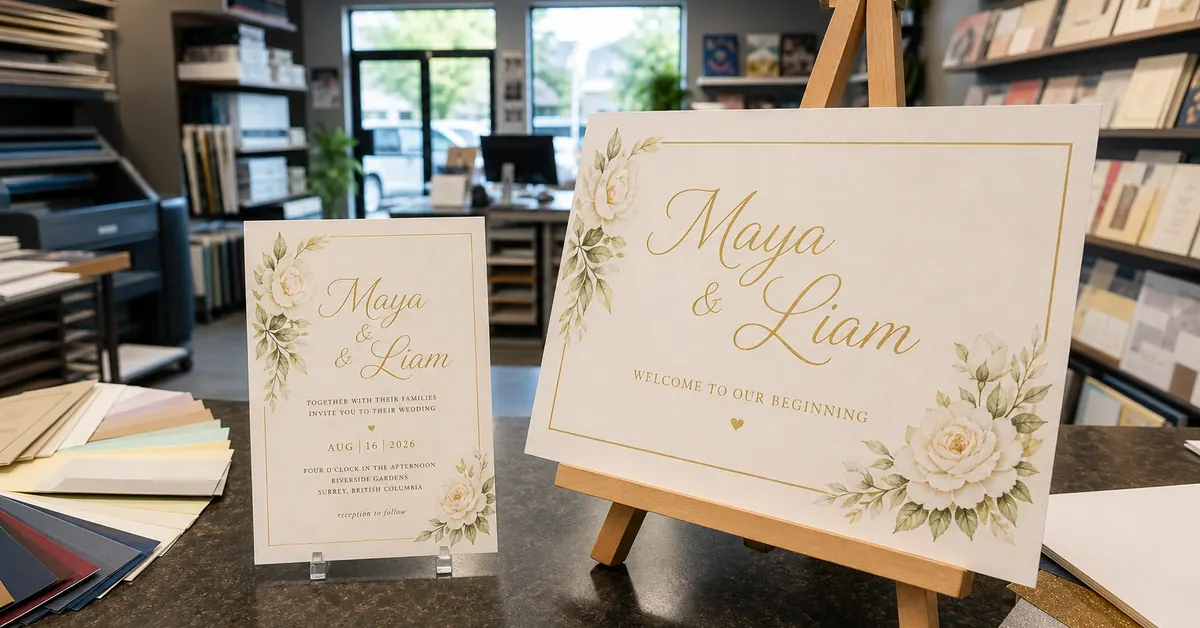 Invitation proof beside a large welcome-sign proof on an easel at a Surrey print counter