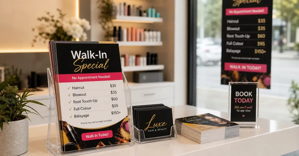 Salon reception desk with flyers business cards and window promo for walk-in clients
