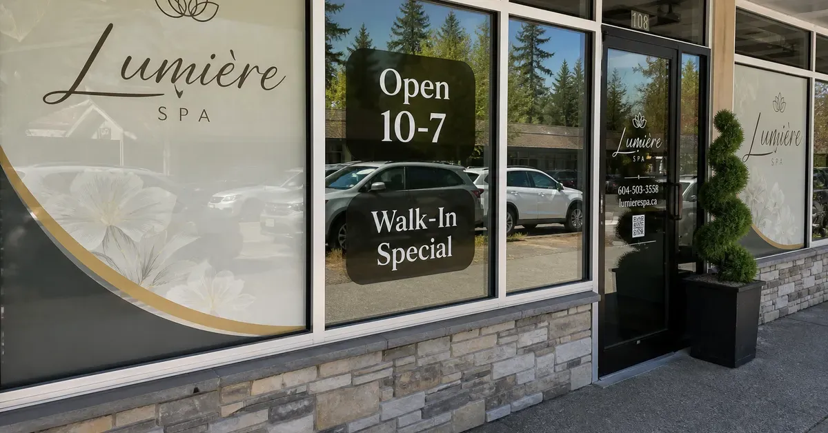 Spa storefront window graphics showing hours and walk-in special offer
