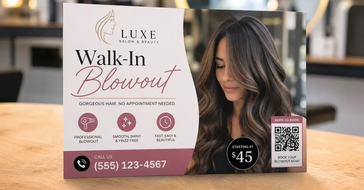 Full colour salon flyer with walk-in promo and booking QR code