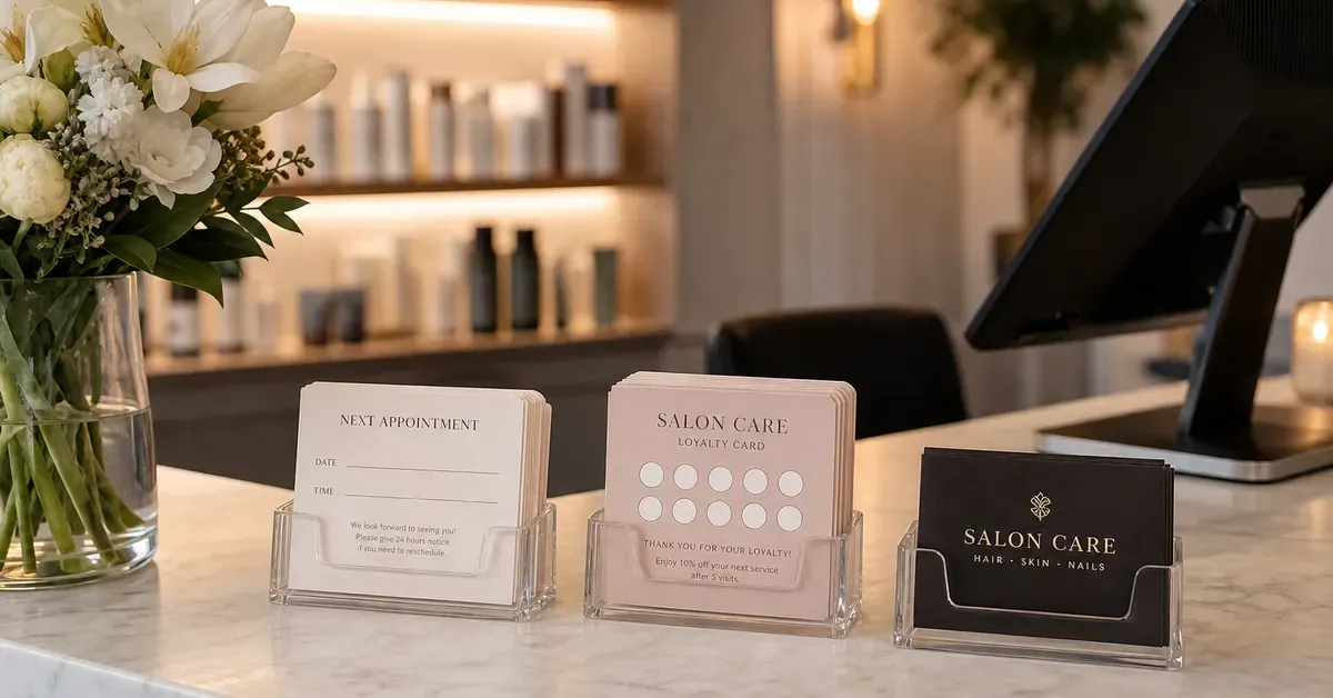 Salon appointment cards and business cards at checkout for rebooking