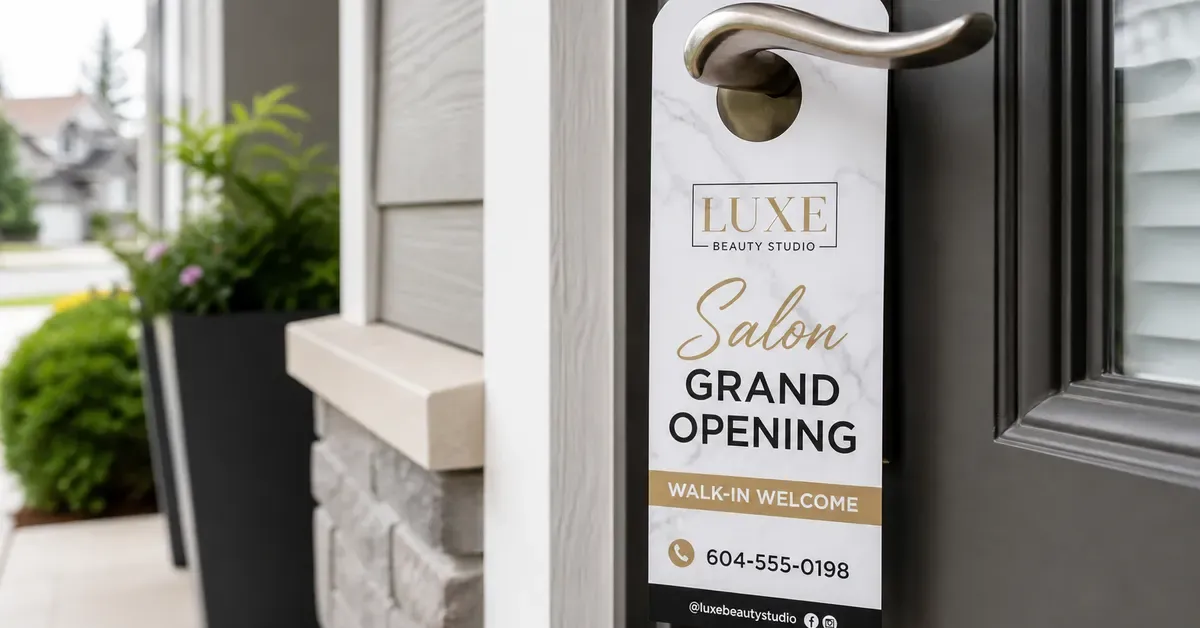 Door hanger marketing piece for a Surrey salon neighbourhood promotion