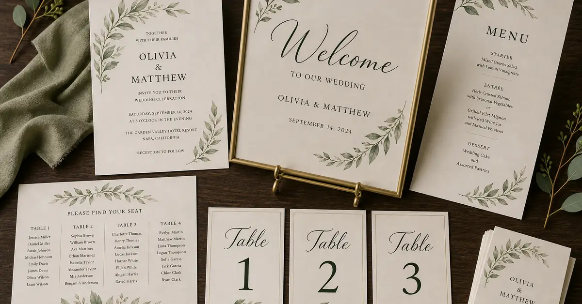Wedding print suite with table number cards labeled Table 1 Table 2 and Table 3