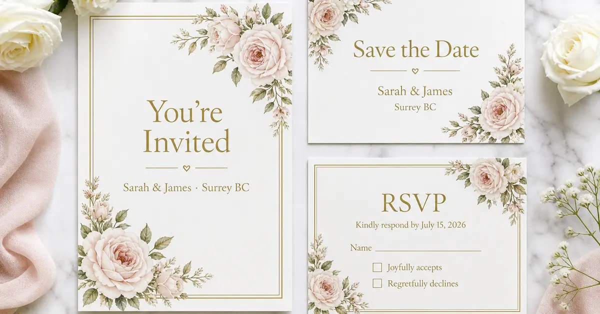 Wedding invitation suite with You're Invited, Save the Date, and RSVP response cards