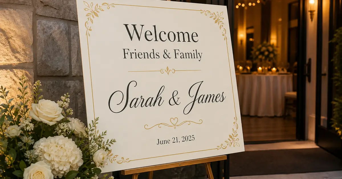 Foam board welcome sign reading Welcome Friends and Family for Sarah and James