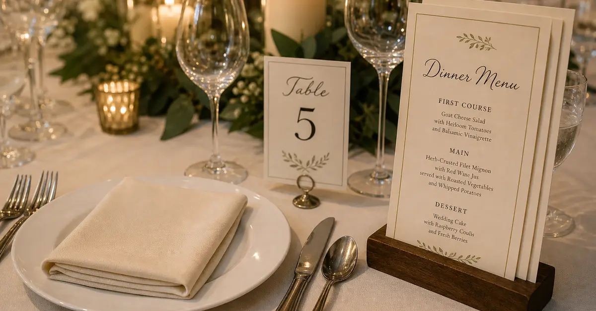 Reception place setting with Dinner Menu cards in a holder beside the plate not on the dish