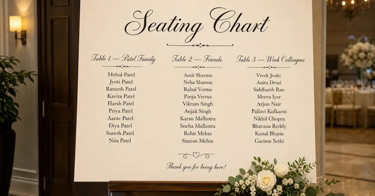 Large Seating Chart board with guest names and table assignments
