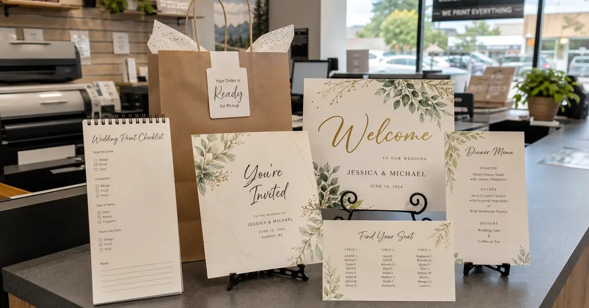 Print shop counter with Wedding Print Checklist samples including invites welcome menu and seating chart