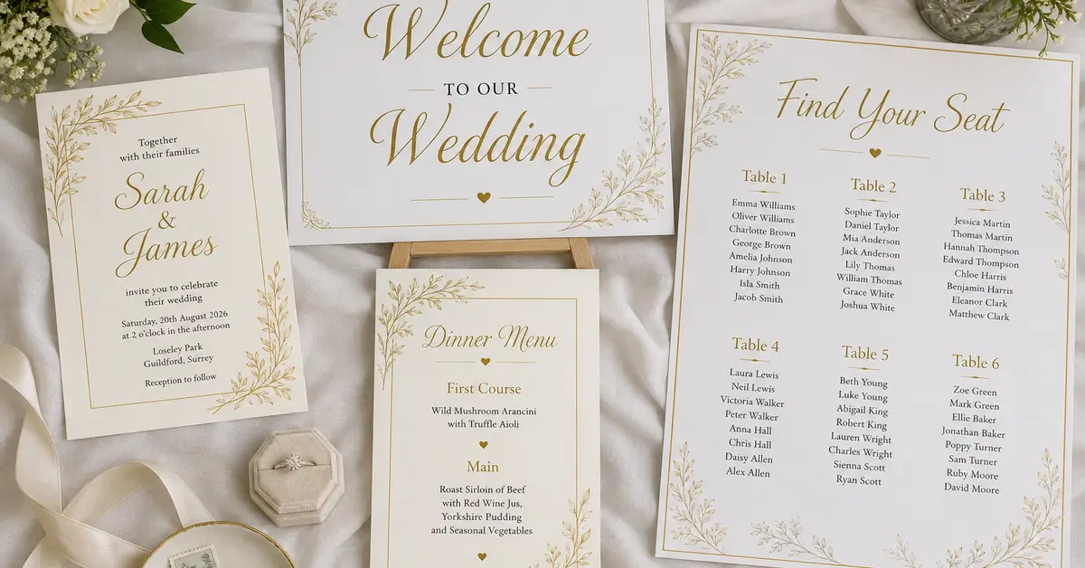 Wedding Printing Checklist for Surrey Couples: Cards, Signs, Menus & Seating Charts