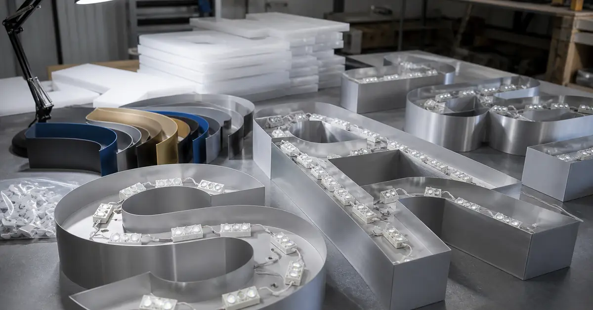 Aluminum channel letter cans on a sign-shop table with LED modules and milky acrylic faces ready for assembly