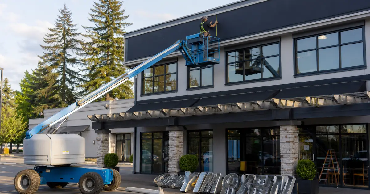 Installer on a boom lift measuring letter height on a commercial building fascia in a Surrey plaza
