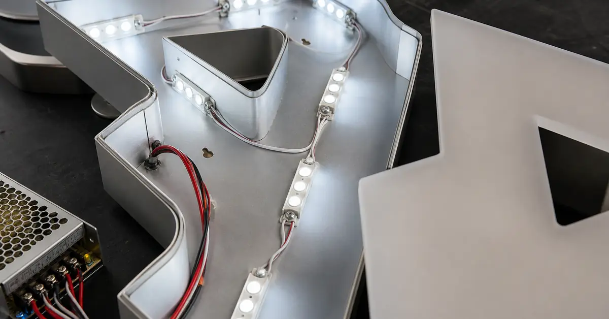Close-up of LED modules and wiring inside an open aluminum channel letter with acrylic face beside it