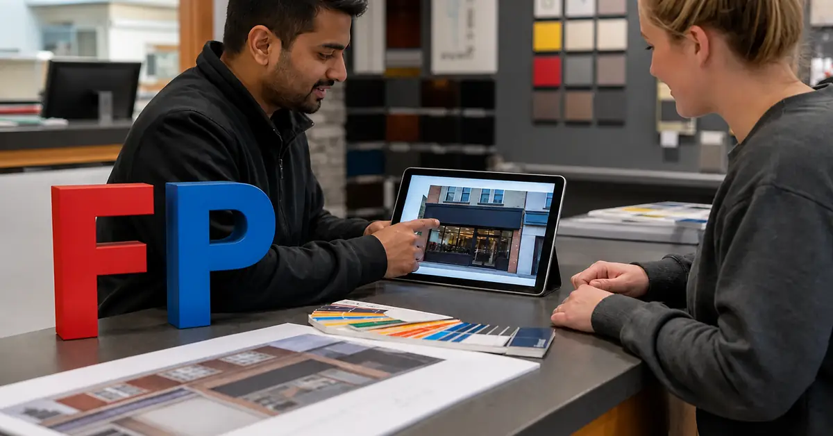 Shop counter with red F and blue P channel-letter samples and a tablet showing a storefront photo