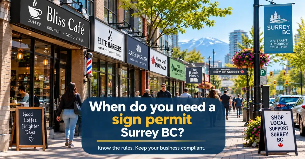 Surrey BC street with storefront fascia signs and banner asking when you need a sign permit Surrey BC