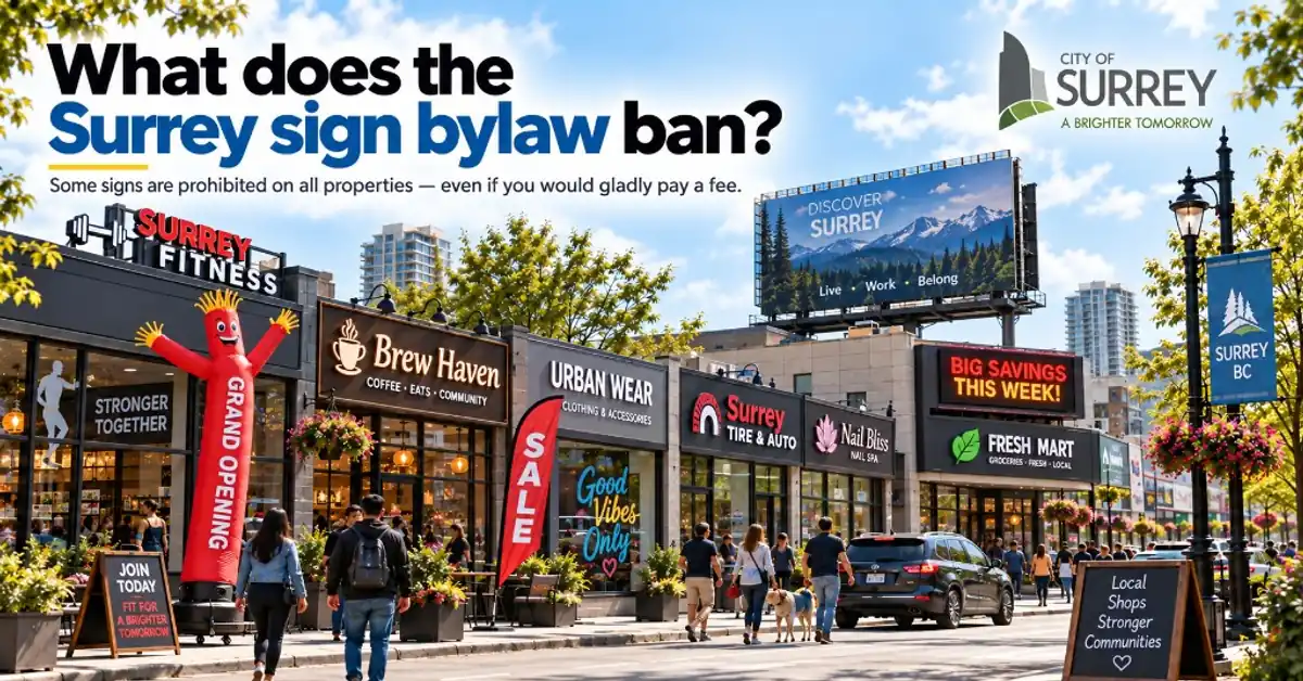 Surrey street showing banned sign types — roof signs, inflatables, billboards, and electronic boards under the Surrey sign bylaw