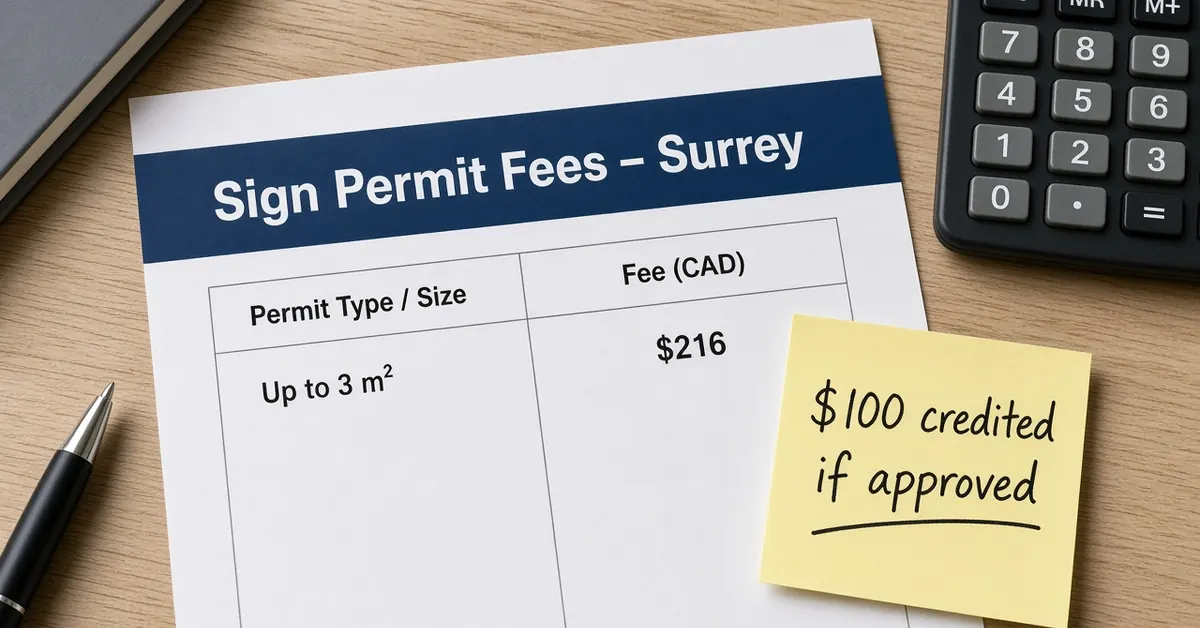 Fee schedule headed Sign Permit Fees Surrey showing $216 and sticky note $100 credited if approved