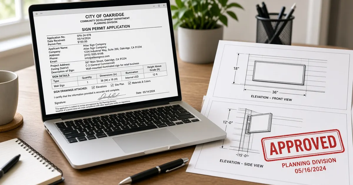 Laptop form titled Sign Permit Application beside drawings with a red APPROVED stamp