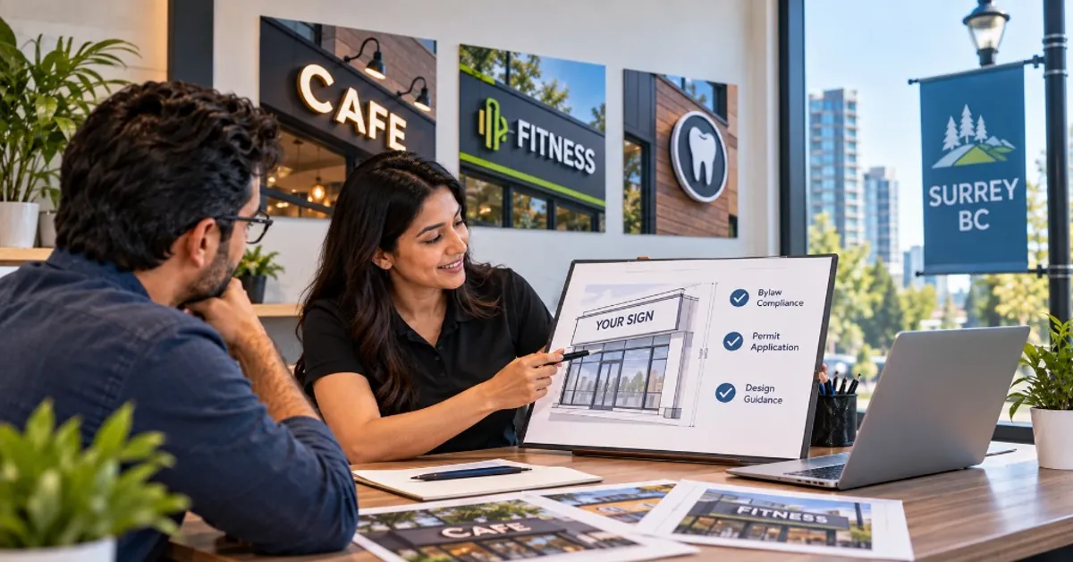 Fine Print Solution consultation reviewing storefront design with bylaw compliance, permit application, and design guidance