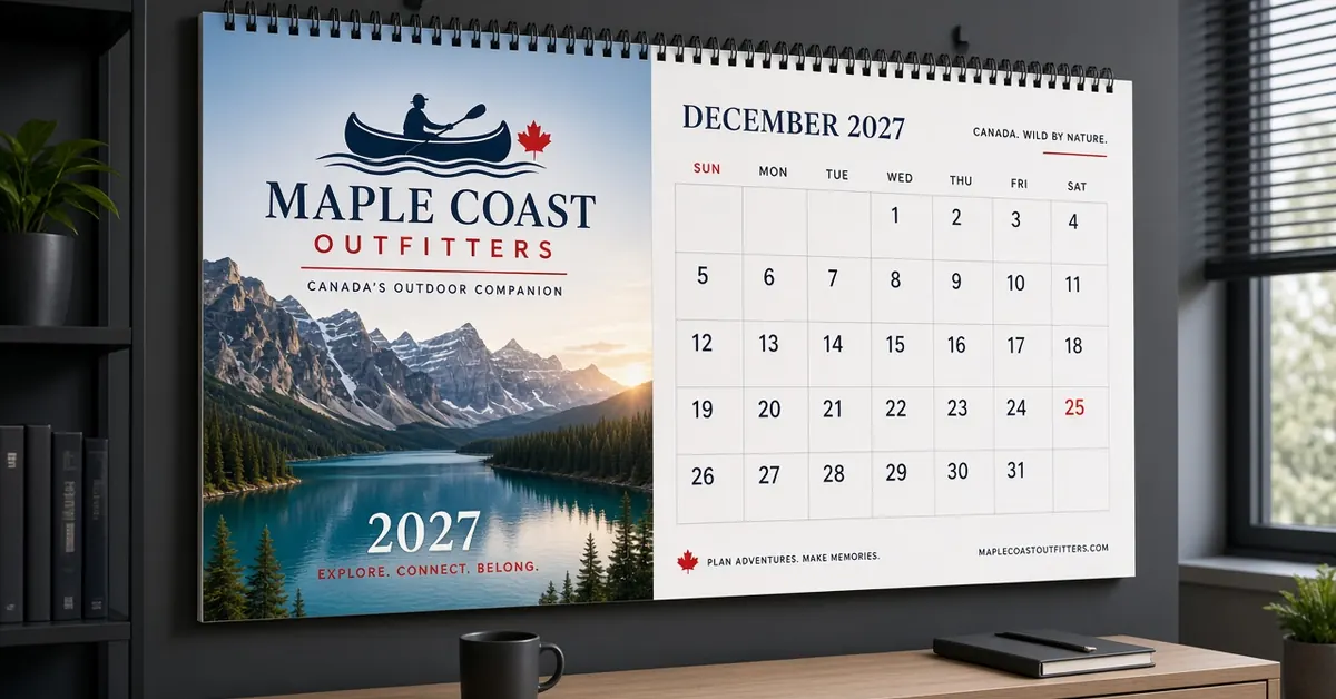 Canada-themed 2027 wall calendar for fictional Maple Coast Outfitters showing December 2027 dates