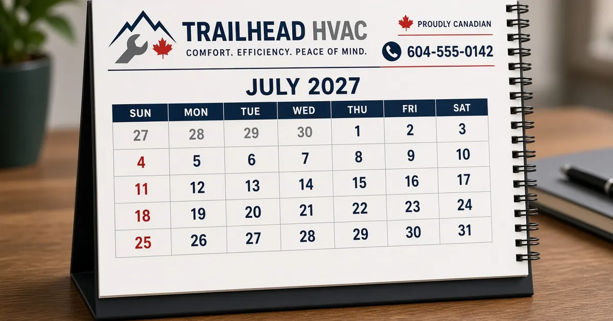 2027 desk calendar for fictional Trailhead HVAC showing July 2027 dates on an office desk