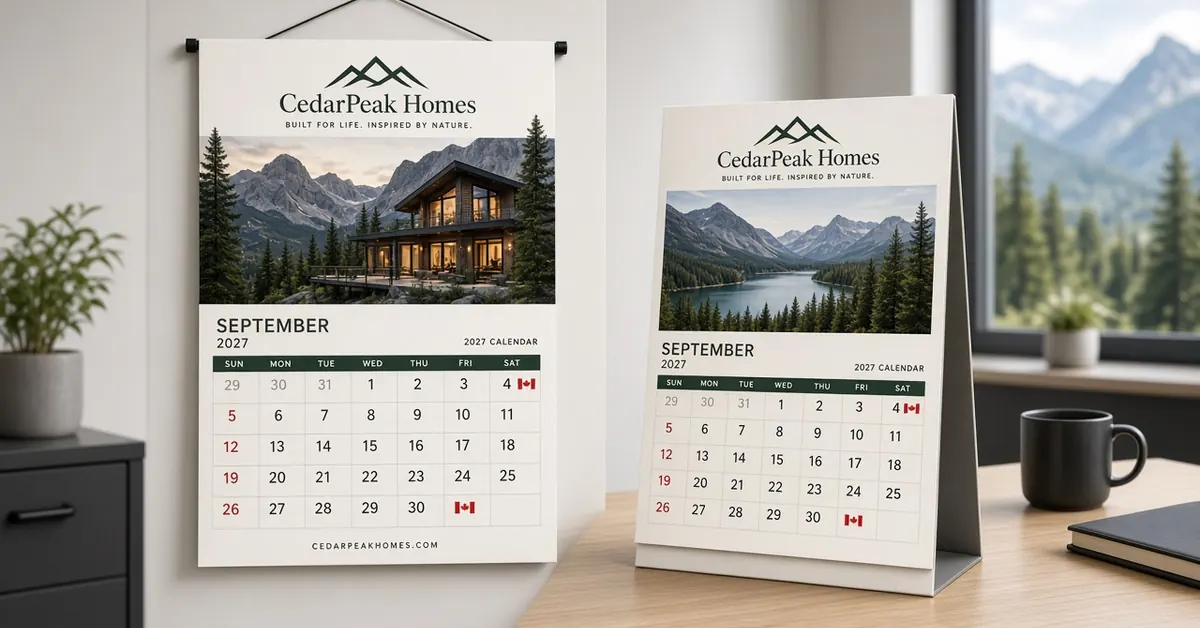Wall and desk 2027 calendars for fictional CedarPeak Homes showing September 2027 dates