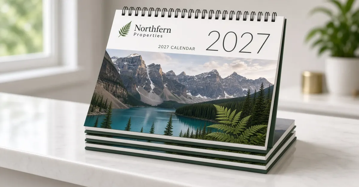 Stack of 2027 branded wall calendars for fictional Northfern Properties ready as client gifts