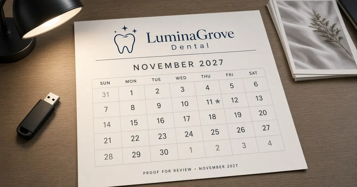 Printed 2027 calendar proof for fictional LuminaGrove Dental showing November 2027 dates