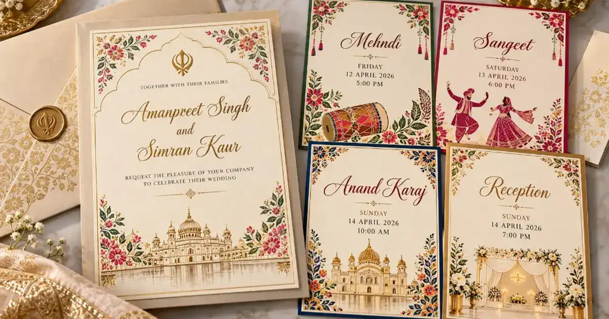Punjabi wedding invitation suite with main card and Mehndi, Sangeet, Anand Karaj, and Reception inserts