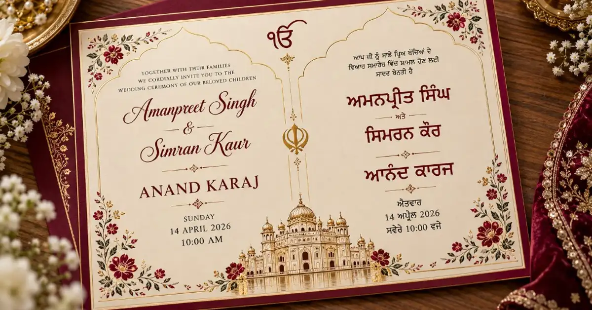 Bilingual Anand Karaj invitation with English and Gurmukhi text