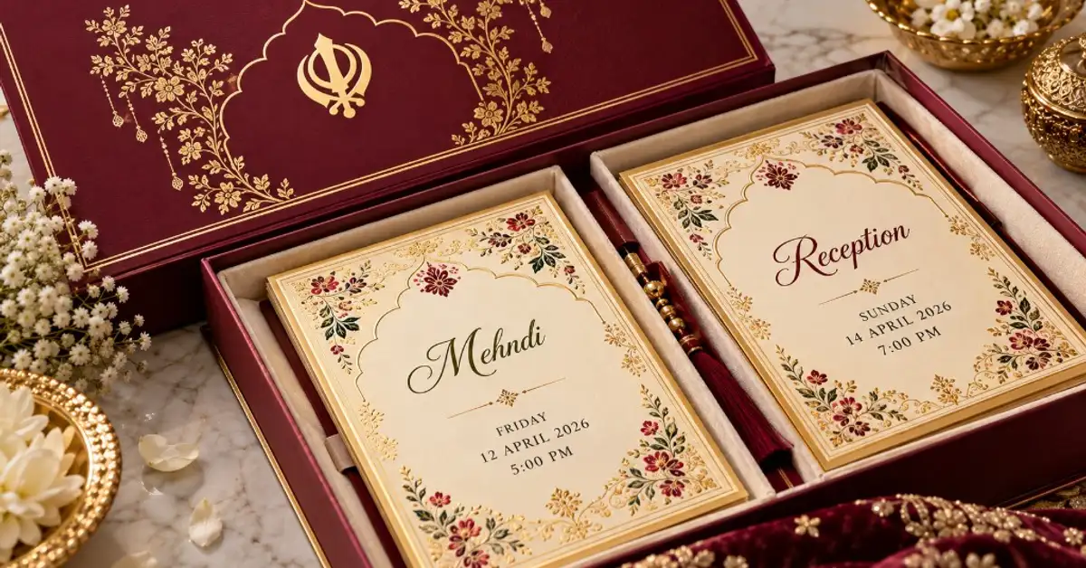 Maroon wedding card box with Mehndi and Reception invitation inserts