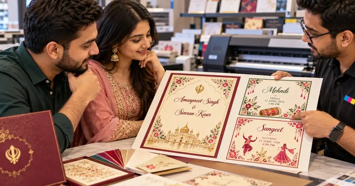 Couple reviewing Punjabi wedding invitation proof with Mehndi and Sangeet cards at print shop